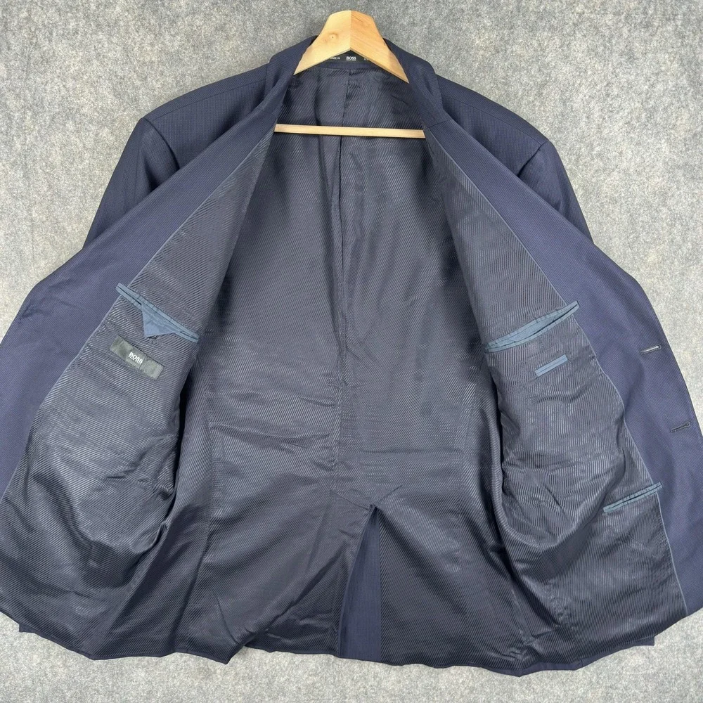 Hugo Boss Suit‎ Jacket Mens 46R Blue 100% Virgin Wool Made USA Union Two Button